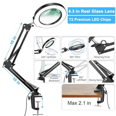 Coyeth 10X Magnifying Glass with Light and Clamp, Real Glass Stand Lighted Magnifier, 5 Color Modes Stepless Dimmable LED Desk Lamp Hands Free for Crafts Hobby Reading Painting Sewing Close Work - Image 5