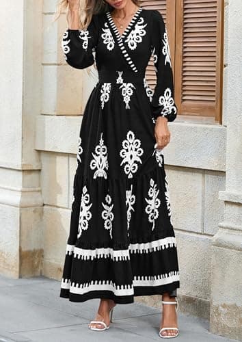 PRETTYGARDEN Women's 2025 Fall Wedding Guest Dresses Boho Floral Long Sleeve V Neck Flowy Elegant Maxi Dress Beach Clothes (Floral Black White,Large) - Image 3
