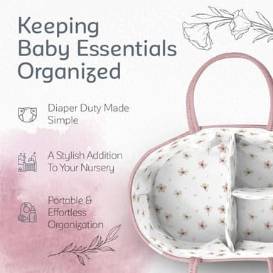KiddyCare Diaper Caddy Organizer for Baby Nursery Basket with Handle Lid Nursing Caddy with Changing Table Organizer Cart Newborn Caddy Rosy (Floral Print) X-Large - Image 4