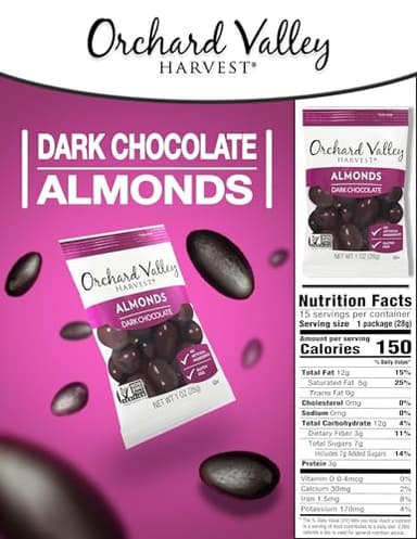 Orchard Valley Harvest Dark Chocolate Almonds, 1 Ounce Bags (Pack of 15), Gluten Free, Non-GMO, No Artificial Ingredients - Image 2