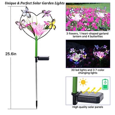 Aukora Solar Garden Lights Outdoor Waterproof, A Heart-Shaped Garland Design with Artificial Butterflies ＆ Flowers, 7 Color Changing LED Beads for Patio Yard Wedding Decor, Gifts for Women (2-Pack) - Image 4