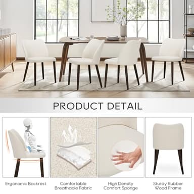 COLAMY Upholstered Dining Chairs Set of 6, Modern Fabric Dining Room Kitchen Side Chair with Padded Seat and Wood Legs for Restaurant/Cafe, Beige - Image 4