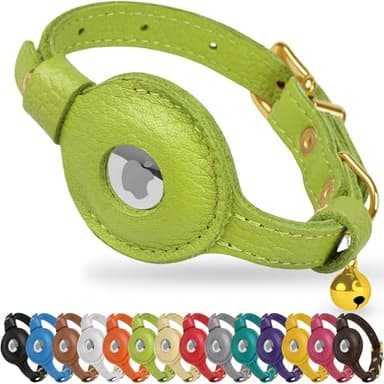 OOPSDOGGY Leather AirTag Cat Collar with Bell - Non Breakaway Kitten Collar with Apple Air Tag Holder - Lightweight GPS Pet Collars for Girl Boy Cats, Small Dogs, Puppies (Lime Green) - Image 1