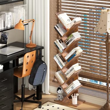 SHEEPAM 10 Tier Tree Book Shelf, Floor Standing Wood Bookshelf for Narrow Space, Storage Organizer Bookshelves for Books/CDs/Magazine, Bookcase with Shelves for Home Office, Living Room - Brown - Image 2