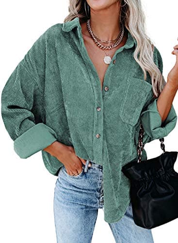 Dokotoo School Outfits for Teachers Early Fall Fashion Soft Cuffed Sleeve Corduroy Collar Shirts Teacher Outfits for Women Trendy Fall Clothes Long Plus Size Button Down Blouse Tops XL Green - Image 1