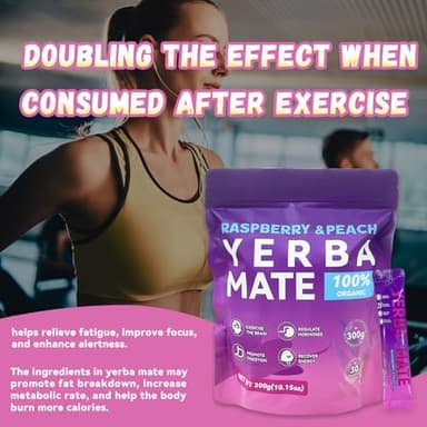 Yerba Mate Instant Tea Powder - Raspberry Peach Flavor - Gut Health & Clean Energy Super Drink with Nootropics, Prebiotics & Probiotics - Energy Boost & Focus - 30 Sticks (300g) - Image 5