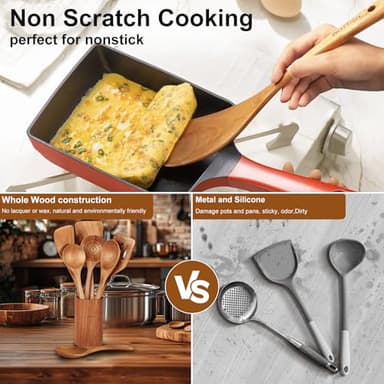 Wooden Spoons for Cooking - 8-Piece Wooden Kitchen Utensil Set made of Natural Solid Wood Material - Includes Spoons, Spatulas, Ladles, Strainer Spoon, Salad Fork, Mixing Spoon and Utensil Holder - Image 5