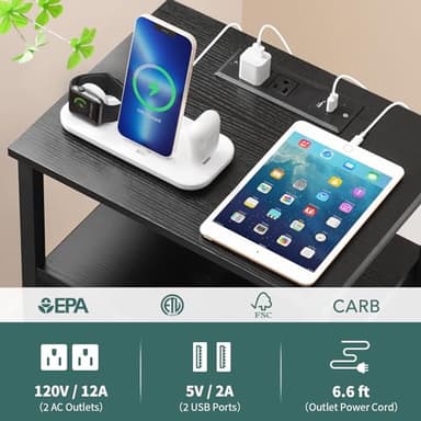 Yoobure Side Table with Storage, LED Night Stand with Charging Station, End Tables Living Room, Nightstand for Bedroom with Adjustable Fabric Drawer, 3-Tier Wood Bedside Table, Black - Image 5