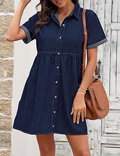 LookbookStore Denim Dress for Women Summer Women's Blue Jean Dress for Summer Short Sleeve Babydoll Dress with Lapel Collar Button Down Dress Loose Denim Dress for Women Casual Twilight Blue Size L - Image 4