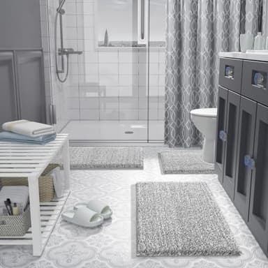 Yimobra Bathroom Rugs Non Slip Washable 32x20, Ultra Soft and Water Absorbent Bath Mats, Plush Fluffy Shower Mat Outside, Microfiber Thick Matts for Bathroom Floor/Tub, Light Gray and White - Image 2