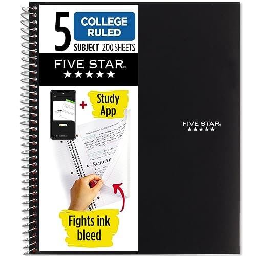Five Star Spiral Notebook + Study App, 5 Subject, College Ruled Paper, 8-1/2" x 11", 200 Sheets, Fights Ink Bleed, Water Resistant Cover, Black (72081) - Image 1