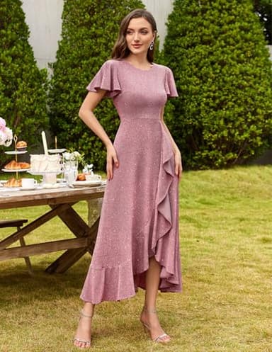 BeryLove Women Sequin Formal Party Dress Flutter Short Sleeve Wedding Guest Cocktail Long Evening Dresses BLS007 Blush XL - Image 5