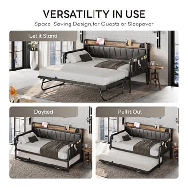 LIKIMIO Daybed with Trundle Bed, Twin Bed Frame with Storage Headboard and Charging Station, Sofa Day Bed with Strong Supports for Living Room, Bedroom, and Guest Room, Black - Image 4