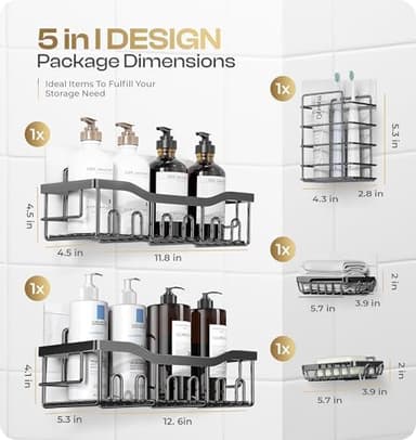 Luxury Style 5 Pack Stainless Steel Adhesive Shower Caddy Set - Rustproof Bathroom Organizer with Large Capacity Storage| No Drilling Shelves Shower Caddy Organizer | Bathroom Decor (Elegant Black - Image 3