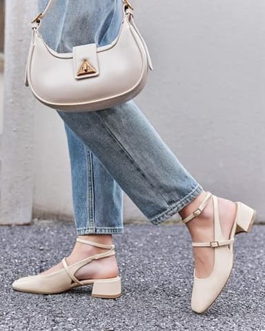 Coutgo Womens Mary Jane Chunky Low Heels Closed Square Toe Ankle Strap Pumps Wedding Party Dress Shoes, Beige, Size 6.5 - Image 8