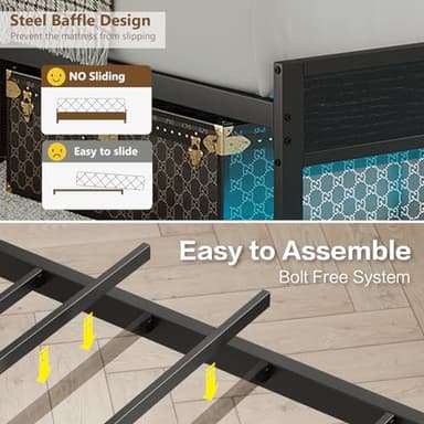 Twin Size Bed Frame with Charging Station and LED Lights, Metal Bed Frame with Headboard, Black Upholstered Headboard with 2-Tier Storage Shelves, Noise Free, No Box Spring Needed, Black - Image 4