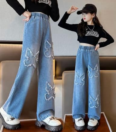 NABER Kids Girls Lovely Butterfly Wide Leg Jeans Washed Denim Pants Baggy Jeans Age 5-14(Blue14,13-14 Years) - Image 3