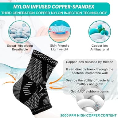 INDEEMAX Ankle Brace for Sprained Ankle Compression Sleeve, Copper Infused Ankle Support Brace for Women & Men, Plantar Fasciitis Relief Achilles Tendonitis, Sports Running, Silver Black, S - Image 2