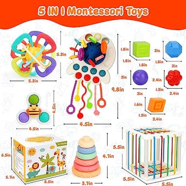Baby Toys 6-12 Months,5 in 1 Montessori Toys for Babies 6-12 Months,Pull String Infant Teething Toys,Stacking Rings,Color Shape Sensory,Suction Cup Spinner Toys for 6-9-12 to 18 M+ Birthday Gifts - Image 3
