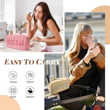 CasaCulina 4Pcs Preppy Makeup Bags Set, Cute Varsity Makeup Pouchs, Travel Cosmetic Bags Sewn with Skin/Hair/Face/Stuff Chenille Letter, Portable Nylon Zipper Toiletry Pouch Gifts for Girls Women - Image 5
