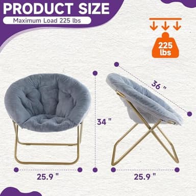 Sweetcrispy Comfy Saucer Chairs Folding Cozy Faux Fur Living Room Reading Lounge Chair with Soft Thick Padded Seat & Metal Frame Modern Style Bedroom Home for Kids Adults, X-Large - Grey - Image 3