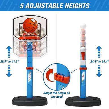 HYES 2 in 1 Kids Basketball Hoop and T Ball Set - Adjustable Height, Kids Baseball Tee with Automatic Pitching Machine, Indoor Outdoor Sport Toys Gifts for Toddler Boys Girls Age 1-5, Blue - Image 3