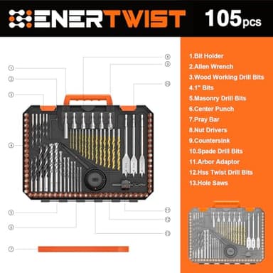 ENERTWIST 105 Pcs Drill Bit Set - HSS Titanium Coated, Carbon Steel Woodworking Bits, Hole Saws & Screwdriver Bits for Wood, Metal, Cement in Durable Case - Image 9