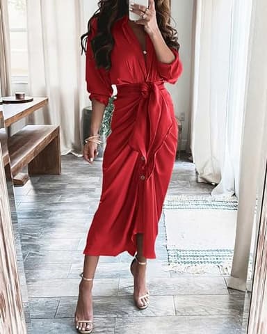 BTFBM Maxi Dresses for Women Fall 2025 Long Sleeve Lapel Neck Button Down Elegant Satin Belted Ruched Summer Shirt Dress(Red, Large) - Image 2