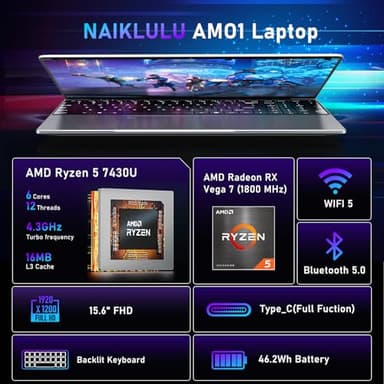NAIKLULU Gaming Laptop,15.6 Inch Laptop Computer,16GB RAM 1TB SSD,AMD Ryzen 5 7430U (up to 4.3Ghz,Beat 5700U),AMD Radeon Graphics,15.6”FHD 1920 * 1080 Display,WiFi 5,BT5.0,Backlit Keyboard - Image 2