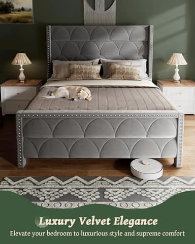 OHOHOLIVE Queen Size Bed Frame with 56" Headboard - 1000LBS Capacity Support, Velvet Upholstered Wingback Platform Bed Frame, Noise Free, Sturdy Wooden Slat Support - Image 4