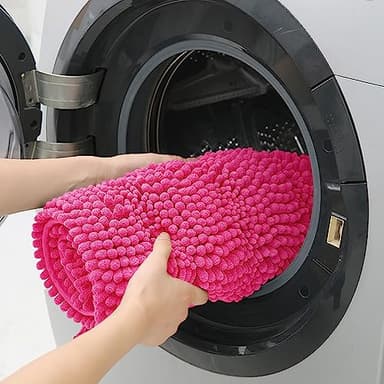 ACCUMTEK Striped Hot Pink Bathroom Rug Set 3 Pieces Ultra Soft, Non Slip Chenille Toilet Mat, Absorbent Plush Shaggy Bath Mats for Bathroom, Bedroom, Kitchen, Peach - Image 6