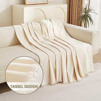MYSKY HOME Couch Cover 3 Cushion Sofa with Tassel, Chenille Sofa Covers Couch Covers, Slipcovers for Sectional l Shaped Dogs Protector Furniture Covers, 91" X150", Beige - Image 5