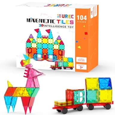 UREC Magnetic Tiles - 104 Pieces Magnetic Blocks for Kids, Magnet Tiles Building Blocks Set with 2 Cars, Construction STEM Toys Gift for Kids Boys 3 4 5 6 7 8 9+ Year Old - Image 1