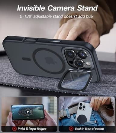VOFATA [Upgraded] for iPhone 16 Pro Case with Camera Cover Stand [Fit for MagSafe][9H Camera Lens Protector] Mil-Grade Protection Translucent Matte Magnetic iPhone 16 Pro Phone Case, Black - Image 3