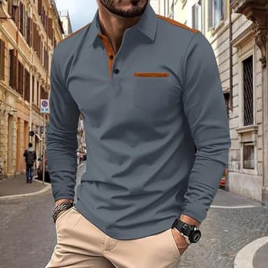 PEVOSU Mens Long Sleeve Polo Shirts Casual Cotton Polo T Shirt with Pocket Classic Button Collared Golf Shirt - Image 4