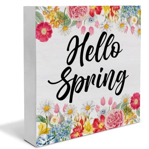 Spring Decor, Rustic Hello Spring Wood Sign Floral Art Decorations Tabletop Shelf Desk Home Decor, 5 X 5 Inches - Image 1