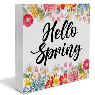 Spring Decor, Rustic Hello Spring Wood Sign Floral Art Decorations Tabletop Shelf Desk Home Decor, 5 X 5 Inches - Image 1