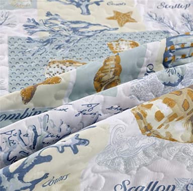 Junsey Beach Theme Quilts Set King Size Ocean Conch Seashell Starfish Seaweed Bedspreads Lightweight Patchwork Coastal Bedding Letter Printed Coverlets with Pillow Shams - Image 4