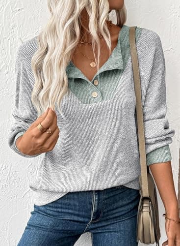 EVALESS Womens Fall Fashion 2025 Long Sleeve Shirts Patchwork Button Up V Neck Sweatshirt for Women Casual Trendy Pullover Teacher Outfits Tops Light Grey Large - Image 4