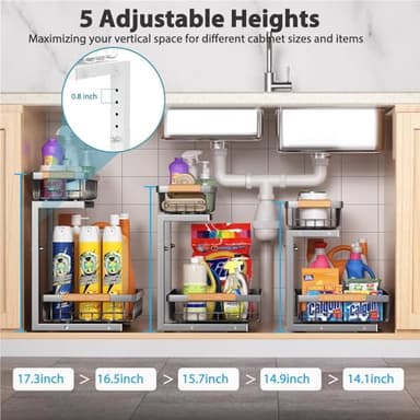 Liuoud Under Sink Organizer Storage 2 Pack, 2 Tier Slide Out Height Adjustable Pull Out Cabinet Organizer Drawer for Kitchen Bathroom Large Under Sink Shelf Rack Caddy for Pantry, Grey - Image 5