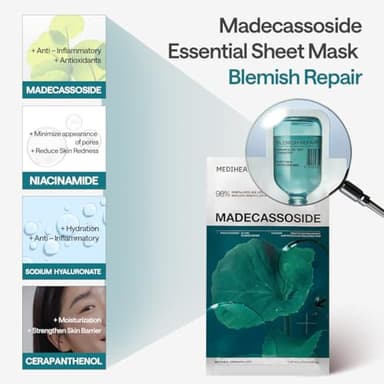 Mediheal Madecassoside Essential Sheet Mask Blemish Repair 10 pcs. 98% Purity Madecassoside & Hyaluronic Acid Included. Enhancing Moisture Barrier & Skin Texture Care. Vegan Formula Sheet Mask - Image 6