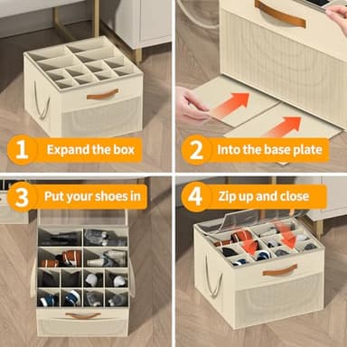 Aokeyee Shoe Storage Organizer for Closet, Large Shoe Box Storage Containers with Clear Cover and Reinforced Handles, Foldable Shoe Storage Organizer Box Bin, Fits to 12-16 Pairs, 2 Pack (Beige) - Image 5