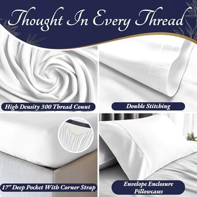 DECOLURE 100% Viscose Derived from Bamboo Sheets Queen Size 4pcs - Ultra Soft & Luxuriously Cooling, 17" Deep Pocket, Double Stitching, Perfect for Hot Sleepers - Queen Bed Sheets (White) - Image 3