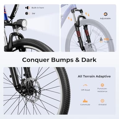 Jasion EB5 Electric Bike for Adults with Peak 750W Brushless Motor, 40Miles 20MPH Commuting Electric Mountain Bike with 360Wh Removable Battery, 7-Speed, 26" Tires and Front Fork Suspension - Image 6