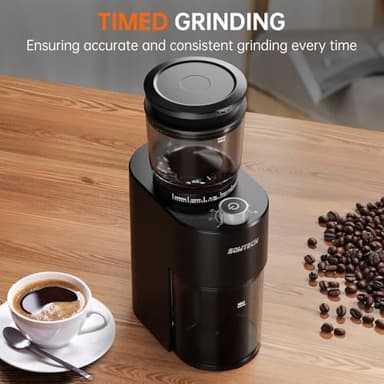 SOWTECH Anti-static Conical Burr Coffee Grinder, Adjustable Electric Mill, 38 Precise Grind Settings, Precision Timer, for Espresso, Drip and French Press, Black - Image 6