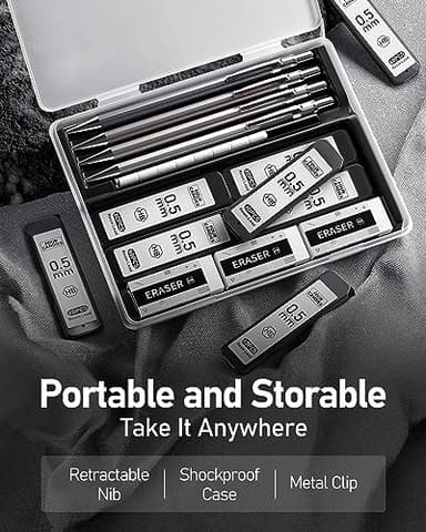 Four Candies 0.5mm Mechanical Pencil Set with Case - 4PCS Metal Mechanical Pencils, 8 Tubes HB #2 Lead Refills, 3PCS 4B Erasers and 9PCS Eraser Refills, Lead Mechanical Pencils for Writing & Drawing - Image 5