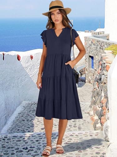 ANRABESS Womens Summer Ruffle Sleeve V Neck Floral Print Midi Dress 2025 Fashion Casual Fit Flowy Tiered Boho Beach Vacation Sundress Deep Navy Blue-S - Image 2