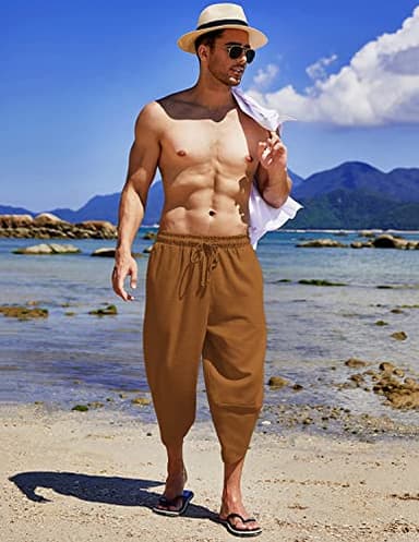 COOFANDY Mens Linen Beach Pants 3/4 Harem Capri Trousers Casual Summer Hippie Yoga Shorts Drawstring Aladdin Hippie Pants Brown - Image 2