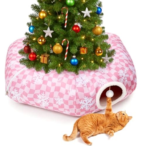 Pink Cat Tunnel Bed Peekaboo Cat Cave Donut Under Christmas Tree Pink Checker with Snowflakes Festive Decor Perfect for Small Medium Large Cats, Kittens, Rabbit, Ferret - Image 1
