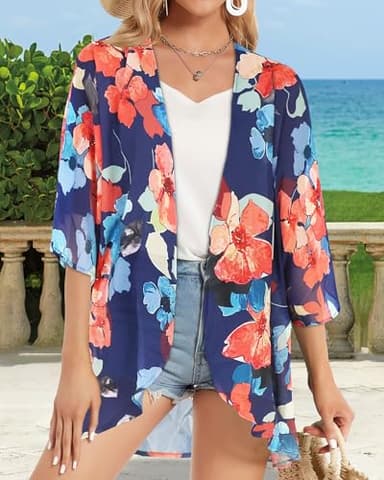 Summer Kimono Cardigan for Women Sheer Light Tops Casual Open Front Swimwear Shirts Beach Cover ups (Oil Blue,L) - Image 3